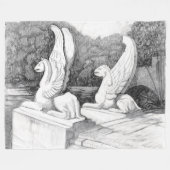 グリフィン彫刻モノクロ鉛筆アート フリースブランケット (正面(横))