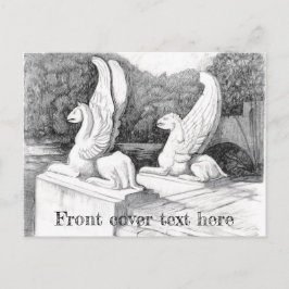 グリフィン彫刻モノクロ鉛筆アート ポストカード