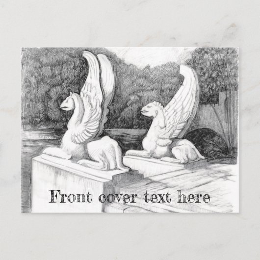 グリフィン彫刻モノクロ鉛筆アート ポストカード (正面)