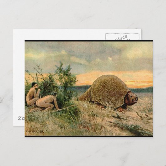 グリプトドンと洞窟の男性狩りヴィンテージ写真 ポストカード (正面/裏面)