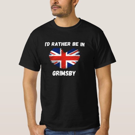 グリムズビーに行きたい – Union Jackハート Tシャツ (正面)