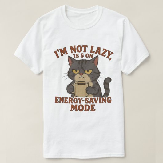 グリム猫の「節電モード」面白い引用デザイン Tシャツ (デザイン正面)