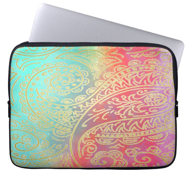 グリモダンーと金ゴールドダマスクの水色 ラップトップスリーブ (正面)