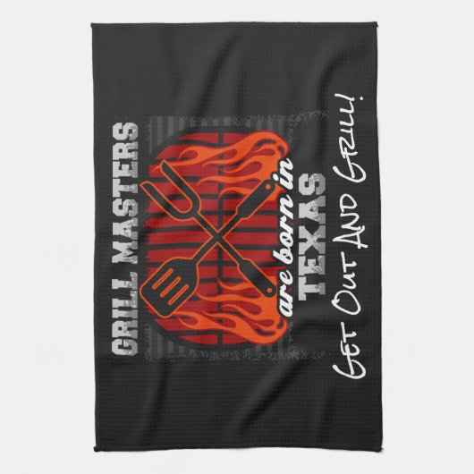 グリルのマスターは生まれテキサス州にあるスローガンを追加 キッチンタオル (縦)