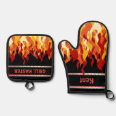 グリルのマスター名ブラック(炎あり) 鍋つかみ&鍋敷きセット (正面)