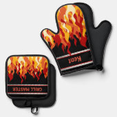 グリルのマスター名ブラック(炎あり) 鍋つかみ&鍋敷きセット (正面/裏面)