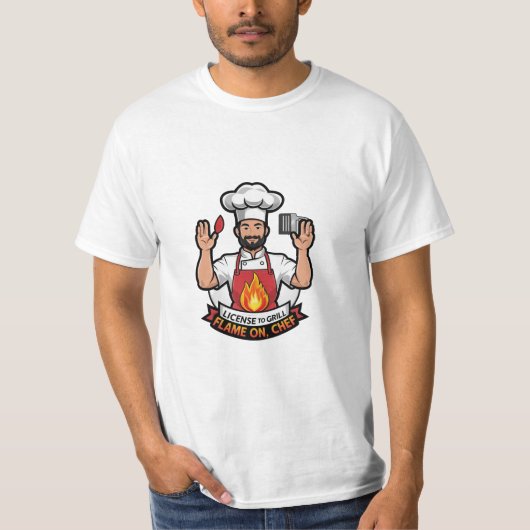 グリルのライセンス – Flame On, Chef Cartoon Tee Tシャツ (正面)