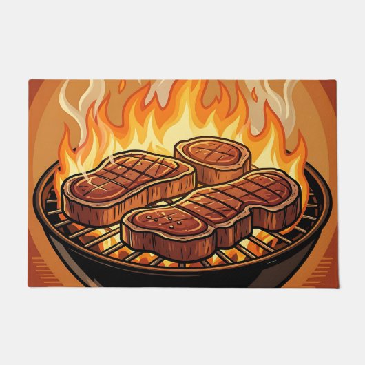 グリルステーキ BBQ 炎 ドアマット (正面)