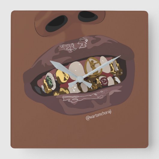 グリルズエステティック、金ゴールドグリルズティースアート スクエア壁時計 (正面)