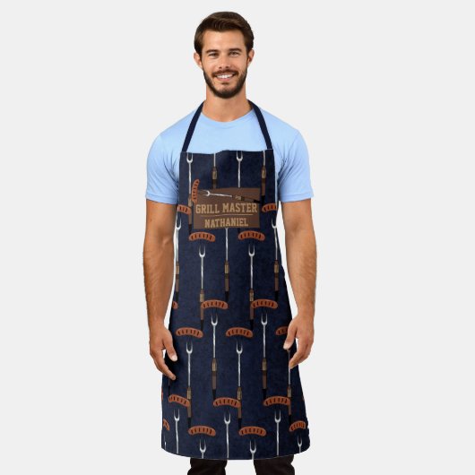 グリルマスター海軍ブルーソーセージ焼きフォーク名 エプロン (着用した状態)