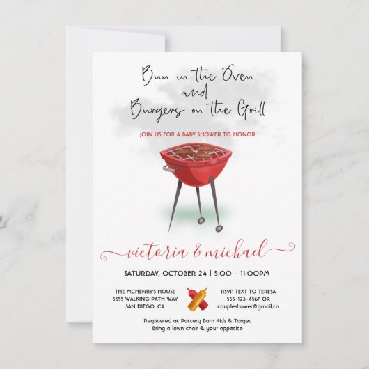 グリル赤ちゃんシャワーのオーブンバーガーのパン 招待状 (正面)