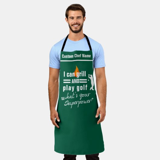 グリル&ゴルフエプロン、あなたのスーパーパワーゴルフパパ エプロン (着用した状態)