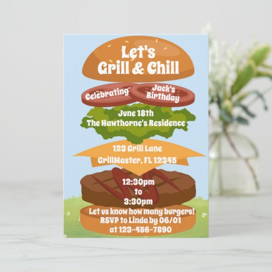 グリル&チル BBQ バースデー ファミリー リユニオン 招待状 (スタンド正面)