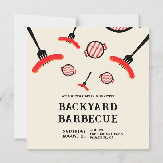 グリル＆フォーク BBQ パーティー 磁石 招待状 (正面)