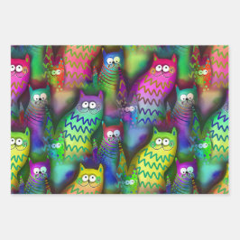 グリンカラフルで猫を描くグラフィックアート3ギフト ラッピングペーパーシート