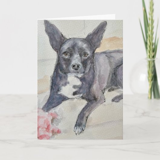 グリーティングカードに描かれた黒犬の水彩画 カード (正面)