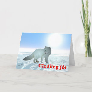 グリーティングカードに書かれた「Gleðileg Jól」の文字と、北極狐のイラスト シーズンカード