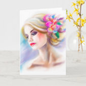 グリーティングカード美女ポートレート カード (黄色い花)