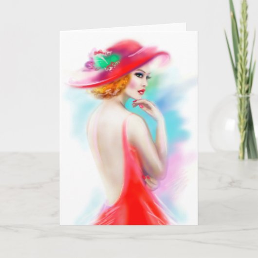 グリーティングカード赤帽の美しい女性 カード (正面)
