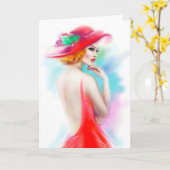 グリーティングカード赤帽の美しい女性 カード (黄色い花)