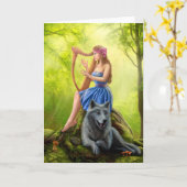 グリーティングカード、ファンタジーの女の子の妖精と友人の狼 カード (黄色い花)