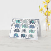 グリーティングカード – 青、緑、灰色のゾウ (黄色い花)