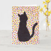 グリーティングカード – 黒い猫（色付きドット） (黄色い花)