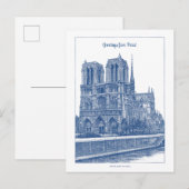 グリーティンズfromパリスエレガントブルーレトロノートルダム ポストカード (正面/裏面)