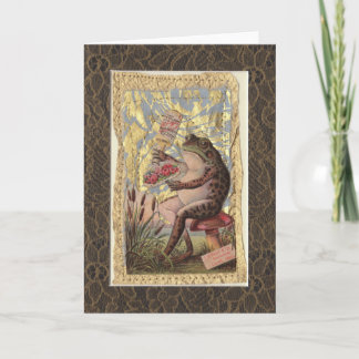 グリーティン空白のグカードビクトリアンコラージュのカエルの花 カード