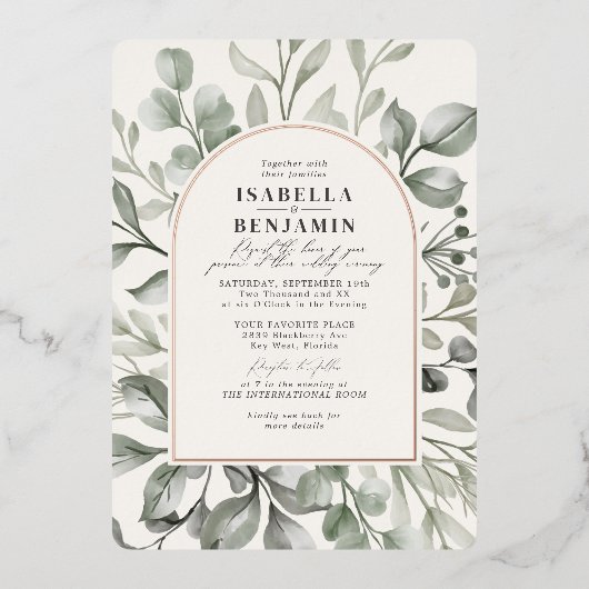 グリーナリーアーチアイボリーRSVP QRコード結婚のバラ金ゴールド 箔招待状 (正面)