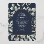 グリーナリーアーチユーカリ結婚ネイビーバラ金ゴールド 箔招待状 (正面)