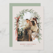 グリーナリーアーチ&ボウエレガントアイボリー写真クリスマス シーズンカード (正面/裏面)