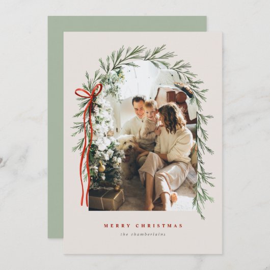 グリーナリーアーチ&ボウエレガントアイボリー写真クリスマス シーズンカード (正面/裏面)