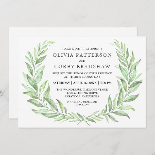 グリーナリーウォーターカラーローレルリース結婚ズ 招待状 (正面/裏面)