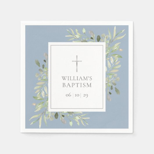 グリーナリーシルバーバプテスマ《キリスト教》洗礼式や命名式ダスティブルー スタンダードカクテルナプキン (正面)