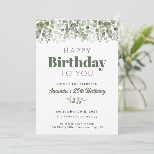 グリーナリーセージ緑の誕生日パーティーの招待状 招待状 (スタンド正面)