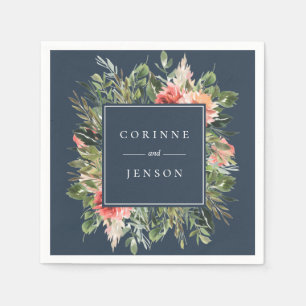 グリーナリーフローラネイビーパーソナライズされた紙ナプキンス スタンダードカクテルナプキン