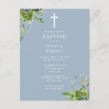 グリーナリーモノグラムバプテスズスダスティブルー招待状