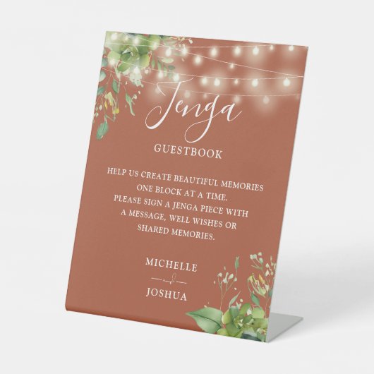 グリーナリーライトテラコッタジェンガ結婚ズゲストブック 台座サイン (正面)