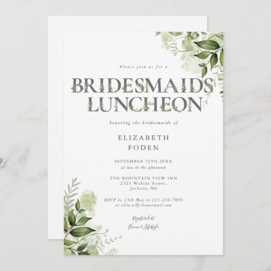 グリーナリーレターモノグラムブリデスメイドランチョン 招待状 (正面/裏面)