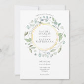 グリーナリーローレルガーランド金ゴールドジオメトリック結婚ス 招待状 (正面)