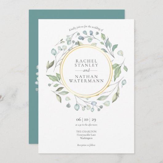 グリーナリーローレルガーランド金ゴールドジオメトリック結婚ス 招待状 (正面/裏面)