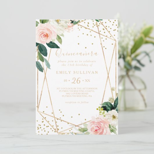 グリーナリー金ゴールド幾何学模様クインセアニラバースデーパーティー 招待状 (スタンド正面)