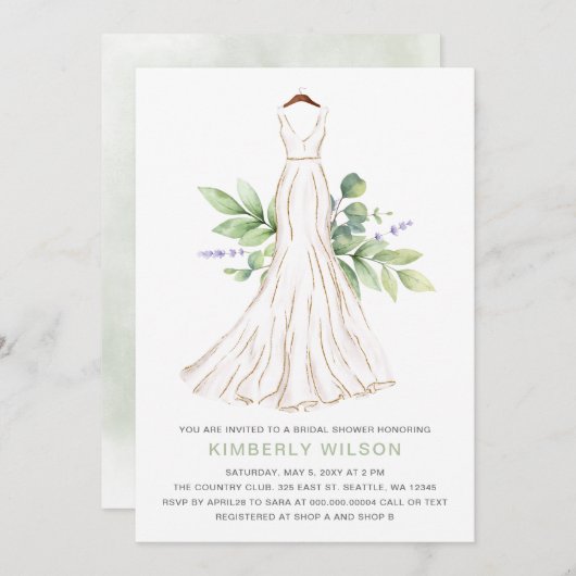 グリーナリー金ゴールド結婚グリッターズドレスブライダルシャワー 招待状 (正面/裏面)