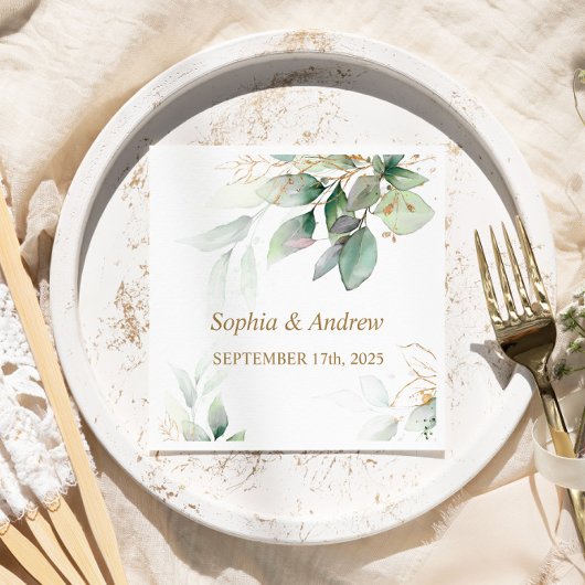 グリーナリー&金ゴールドユーカリ結婚ズナプキン スタンダードカクテルナプキン