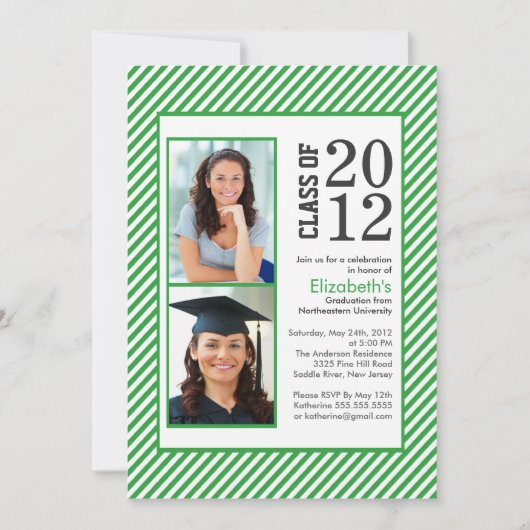 グリーモダンン·ストライプズ·フォト·卒業案内 招待状 (正面)