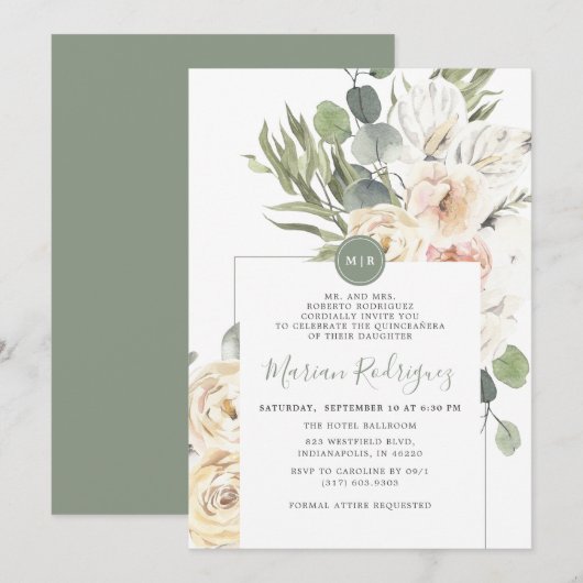 グリーユニークフローラユーカリプトゥスモノグラムキンセアニラ 招待状 (正面/裏面)