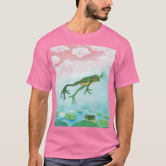 グリーンおもしろいカエルが池に飛び込むイラストレーション Tシャツ (正面)