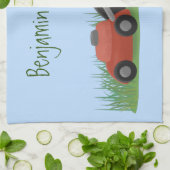 グリーンおもしろいカエルの芝刈り漫画 キッチンタオル (折り畳み)