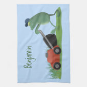 グリーンおもしろいカエルの芝刈り漫画 キッチンタオル (縦)